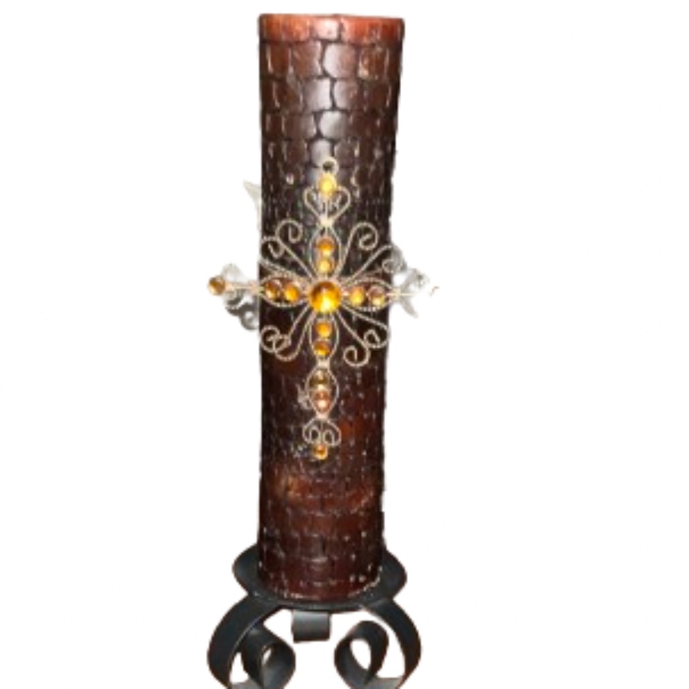 Detailed Sparkling Cross & Candle Decor with Metal Stand